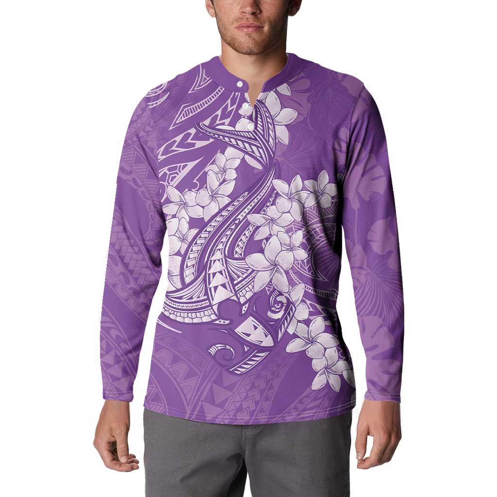 Purple Polynesia Hammerhead Shark Tattoo With Plumeria Lei Button Sweatshirt