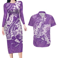 Purple Polynesia Hammerhead Shark Tattoo With Plumeria Lei Couples Matching Long Sleeve Bodycon Dress and Hawaiian Shirt LT14 Purple - Polynesian Pride
