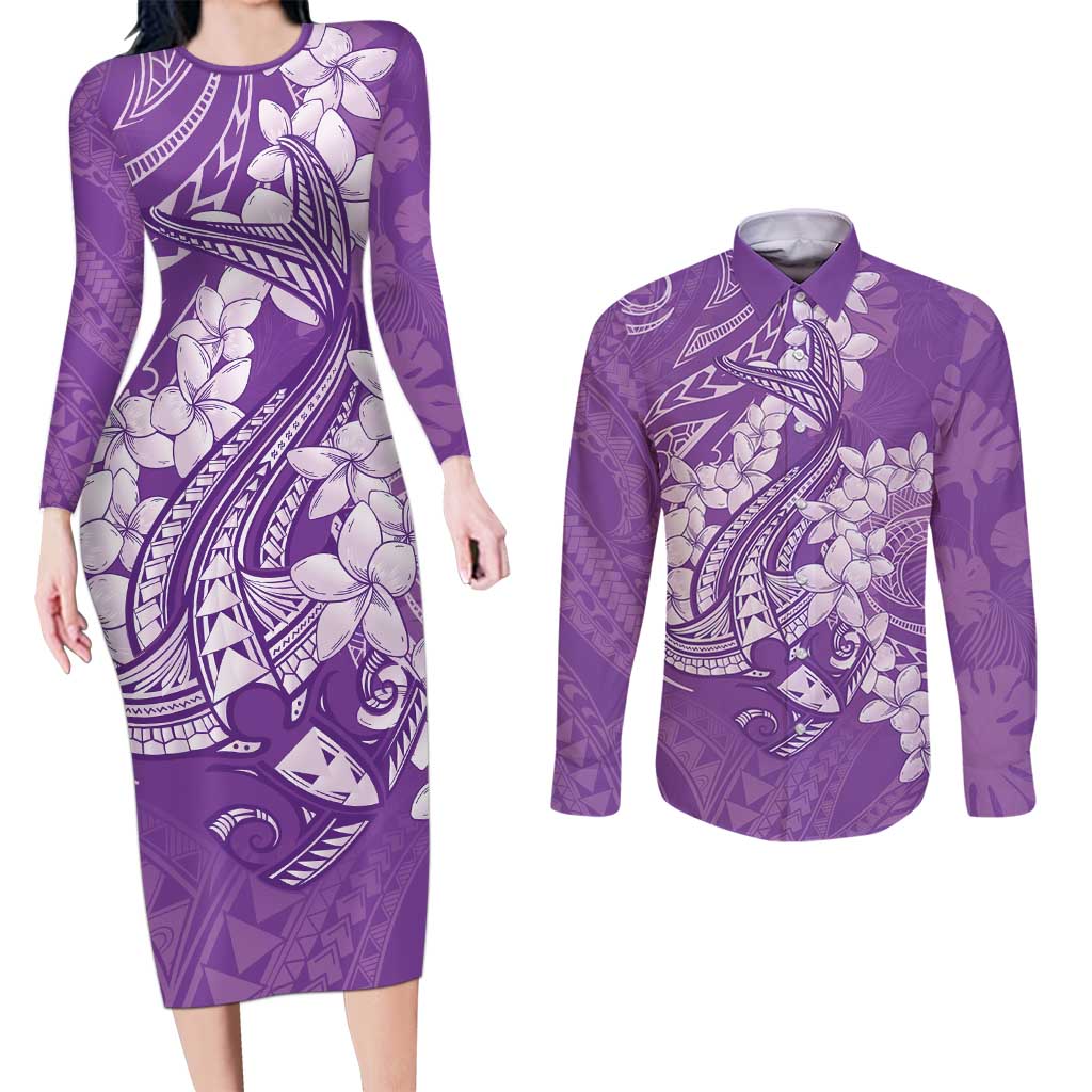Purple Polynesia Hammerhead Shark Tattoo With Plumeria Lei Couples Matching Long Sleeve Bodycon Dress and Long Sleeve Button Shirt LT14 Purple - Polynesian Pride