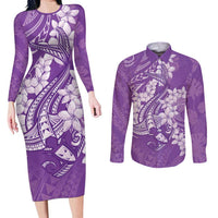 Purple Polynesia Hammerhead Shark Tattoo With Plumeria Lei Couples Matching Long Sleeve Bodycon Dress and Long Sleeve Button Shirt LT14 Purple - Polynesian Pride