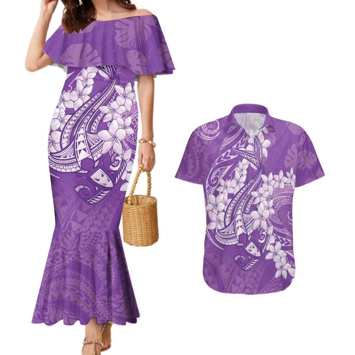 Purple Polynesia Hammerhead Shark Tattoo With Plumeria Lei Couples Matching Mermaid Dress and Hawaiian Shirt LT14 Purple - Polynesian Pride