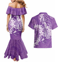 Purple Polynesia Hammerhead Shark Tattoo With Plumeria Lei Couples Matching Mermaid Dress and Hawaiian Shirt LT14 - Polynesian Pride