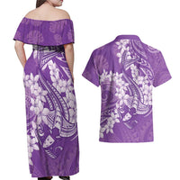 Purple Polynesia Hammerhead Shark Tattoo With Plumeria Lei Couples Matching Off Shoulder Maxi Dress and Hawaiian Shirt LT14 - Polynesian Pride