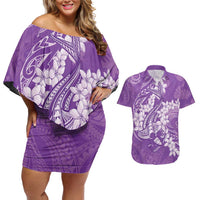Purple Polynesia Hammerhead Shark Tattoo With Plumeria Lei Couples Matching Off Shoulder Short Dress and Hawaiian Shirt LT14 Purple - Polynesian Pride
