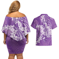 Purple Polynesia Hammerhead Shark Tattoo With Plumeria Lei Couples Matching Off Shoulder Short Dress and Hawaiian Shirt LT14 - Polynesian Pride