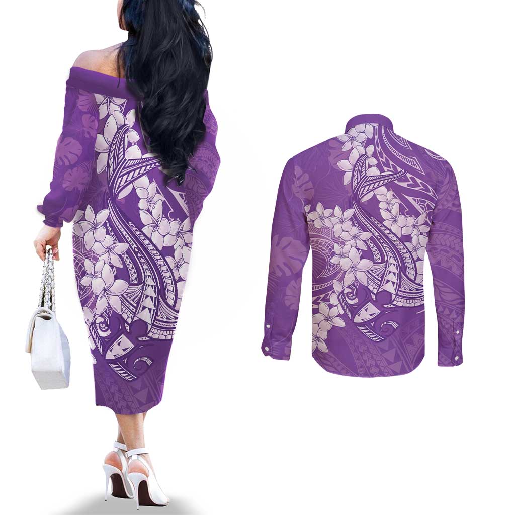 Purple Polynesia Hammerhead Shark Tattoo With Plumeria Lei Couples Matching Off The Shoulder Long Sleeve Dress and Long Sleeve Button Shirt LT14 - Polynesian Pride