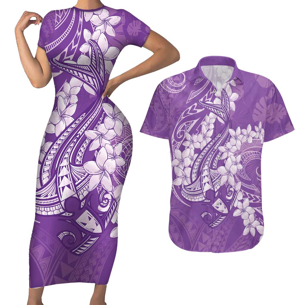 Purple Polynesia Hammerhead Shark Tattoo With Plumeria Lei Couples Matching Short Sleeve Bodycon Dress and Hawaiian Shirt LT14 Purple - Polynesian Pride