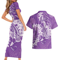 Purple Polynesia Hammerhead Shark Tattoo With Plumeria Lei Couples Matching Short Sleeve Bodycon Dress and Hawaiian Shirt LT14 - Polynesian Pride
