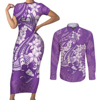 Purple Polynesia Hammerhead Shark Tattoo With Plumeria Lei Couples Matching Short Sleeve Bodycon Dress and Long Sleeve Button Shirt LT14 Purple - Polynesian Pride