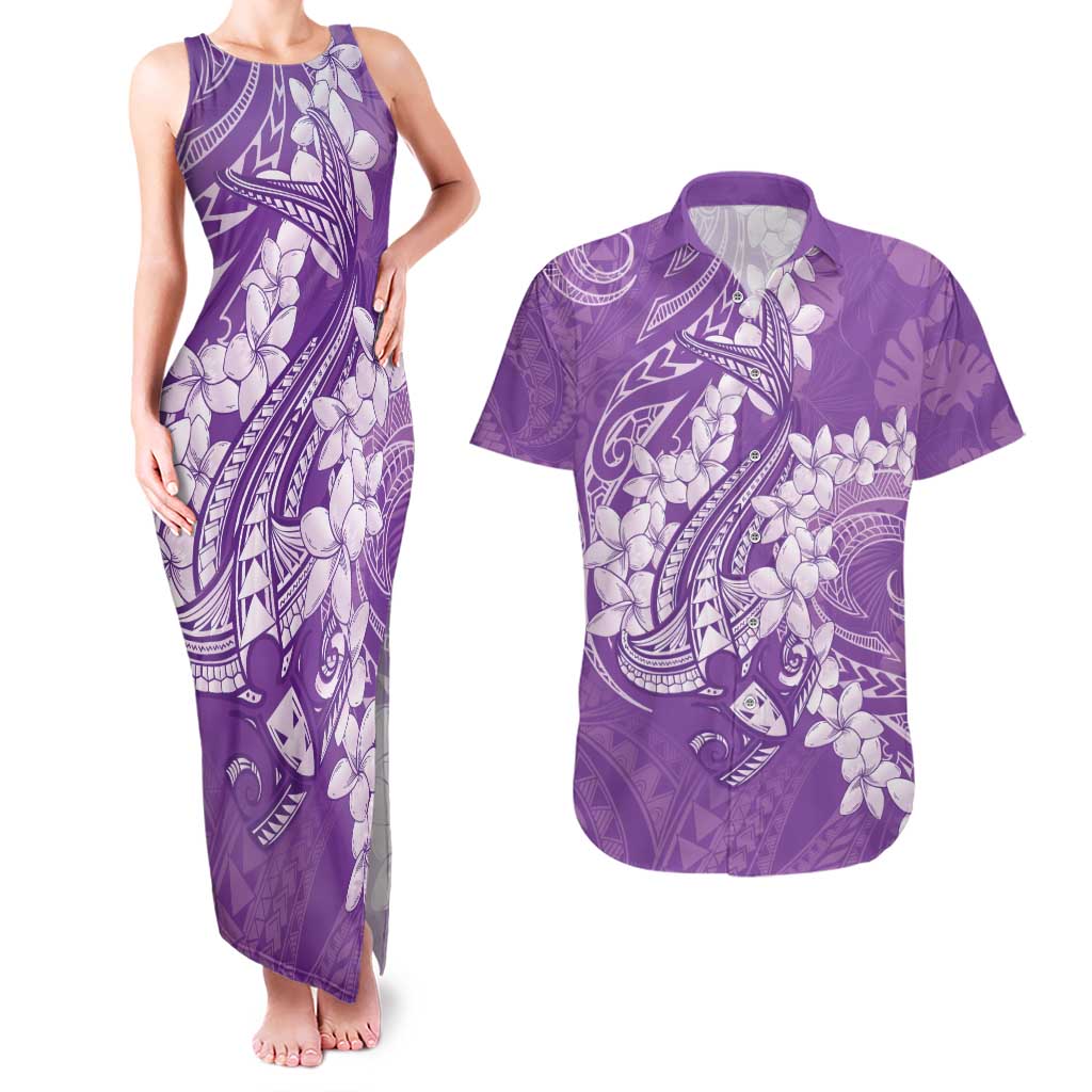 Purple Polynesia Hammerhead Shark Tattoo With Plumeria Lei Couples Matching Tank Maxi Dress and Hawaiian Shirt LT14 Purple - Polynesian Pride