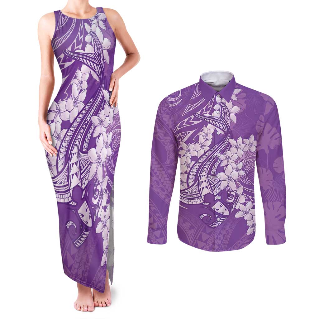 Purple Polynesia Hammerhead Shark Tattoo With Plumeria Lei Couples Matching Tank Maxi Dress and Long Sleeve Button Shirt LT14 Purple - Polynesian Pride