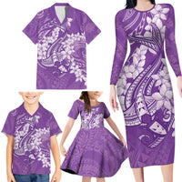 Purple Polynesia Hammerhead Shark Tattoo With Plumeria Lei Family Matching Long Sleeve Bodycon Dress and Hawaiian Shirt LT14 - Polynesian Pride