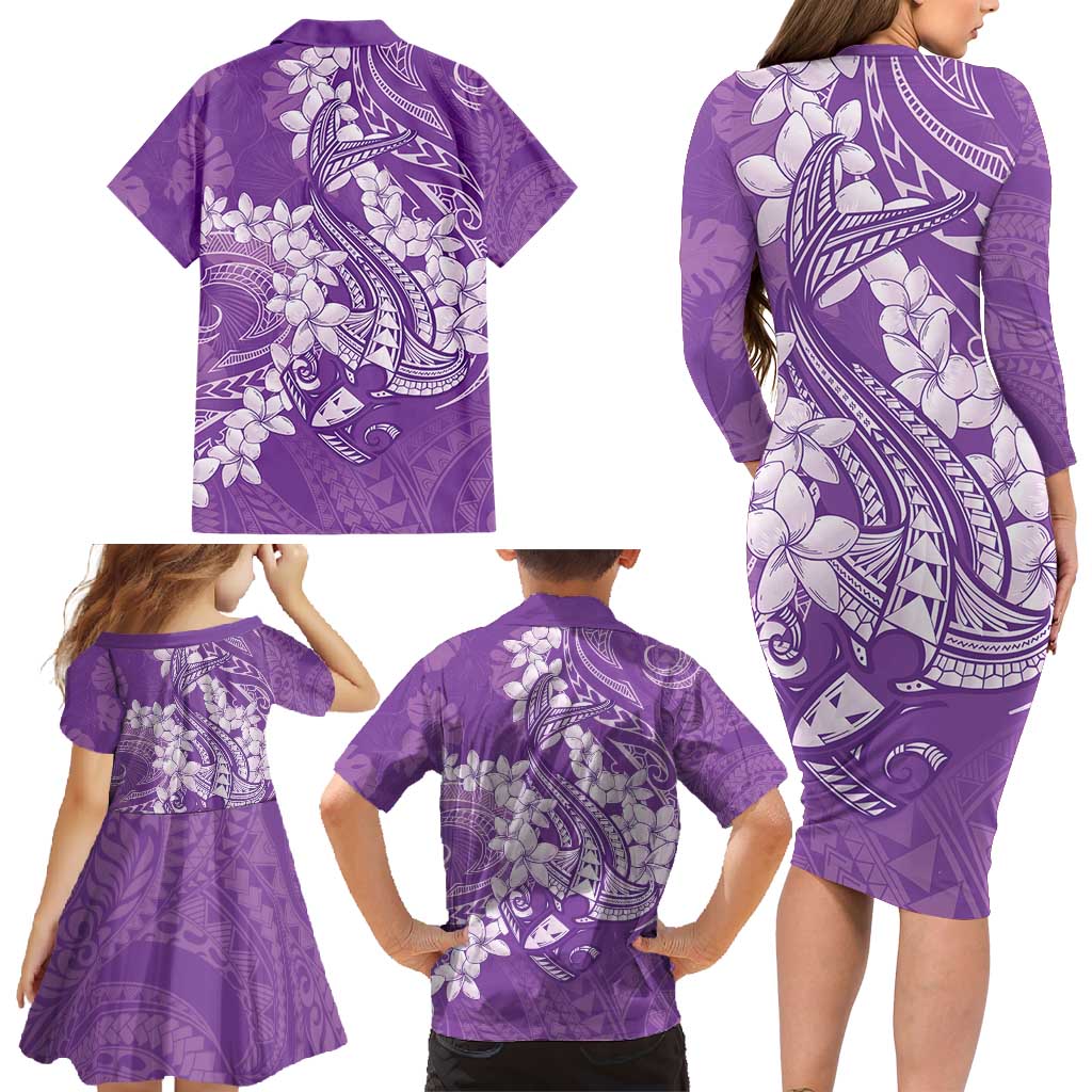 Purple Polynesia Hammerhead Shark Tattoo With Plumeria Lei Family Matching Long Sleeve Bodycon Dress and Hawaiian Shirt LT14 - Polynesian Pride