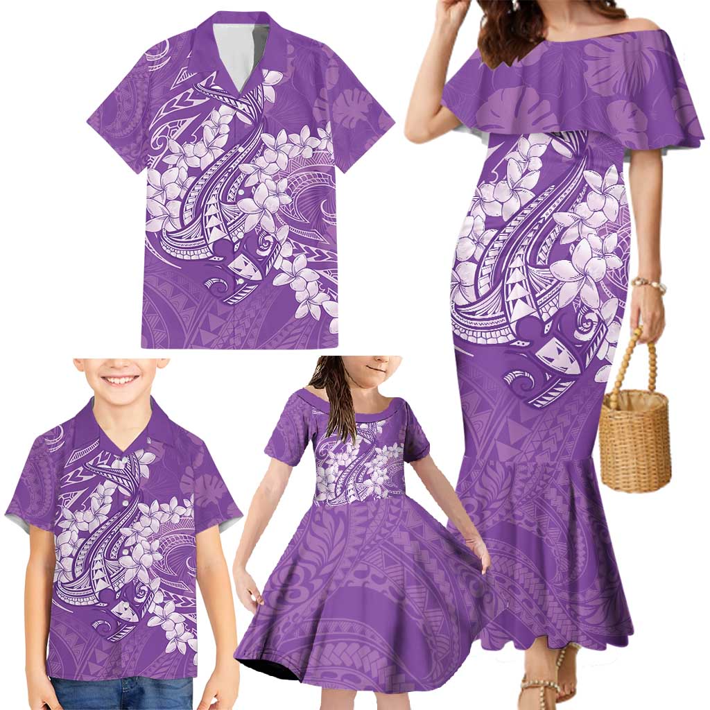Purple Polynesia Hammerhead Shark Tattoo With Plumeria Lei Family Matching Mermaid Dress and Hawaiian Shirt LT14 - Polynesian Pride