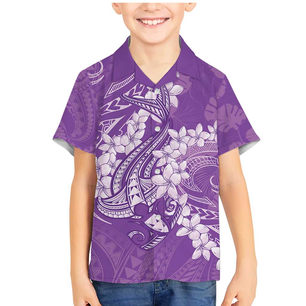 Purple Polynesia Hammerhead Shark Tattoo With Plumeria Lei Family Matching Mermaid Dress and Hawaiian Shirt LT14 Son's Shirt Purple - Polynesian Pride