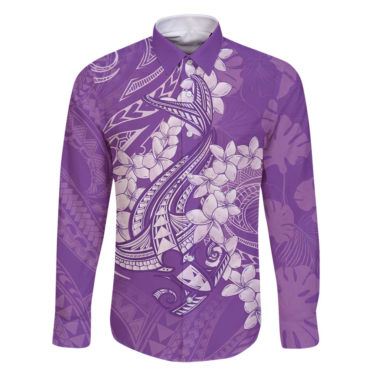Purple Polynesia Hammerhead Shark Tattoo With Plumeria Lei Family Matching Off The Shoulder Long Sleeve Dress and Hawaiian Shirt LT14 Dad's Shirt - Long Sleeve Purple - Polynesian Pride