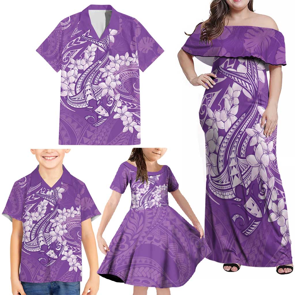 Purple Polynesia Hammerhead Shark Tattoo With Plumeria Lei Family Matching Off Shoulder Maxi Dress and Hawaiian Shirt LT14 - Polynesian Pride