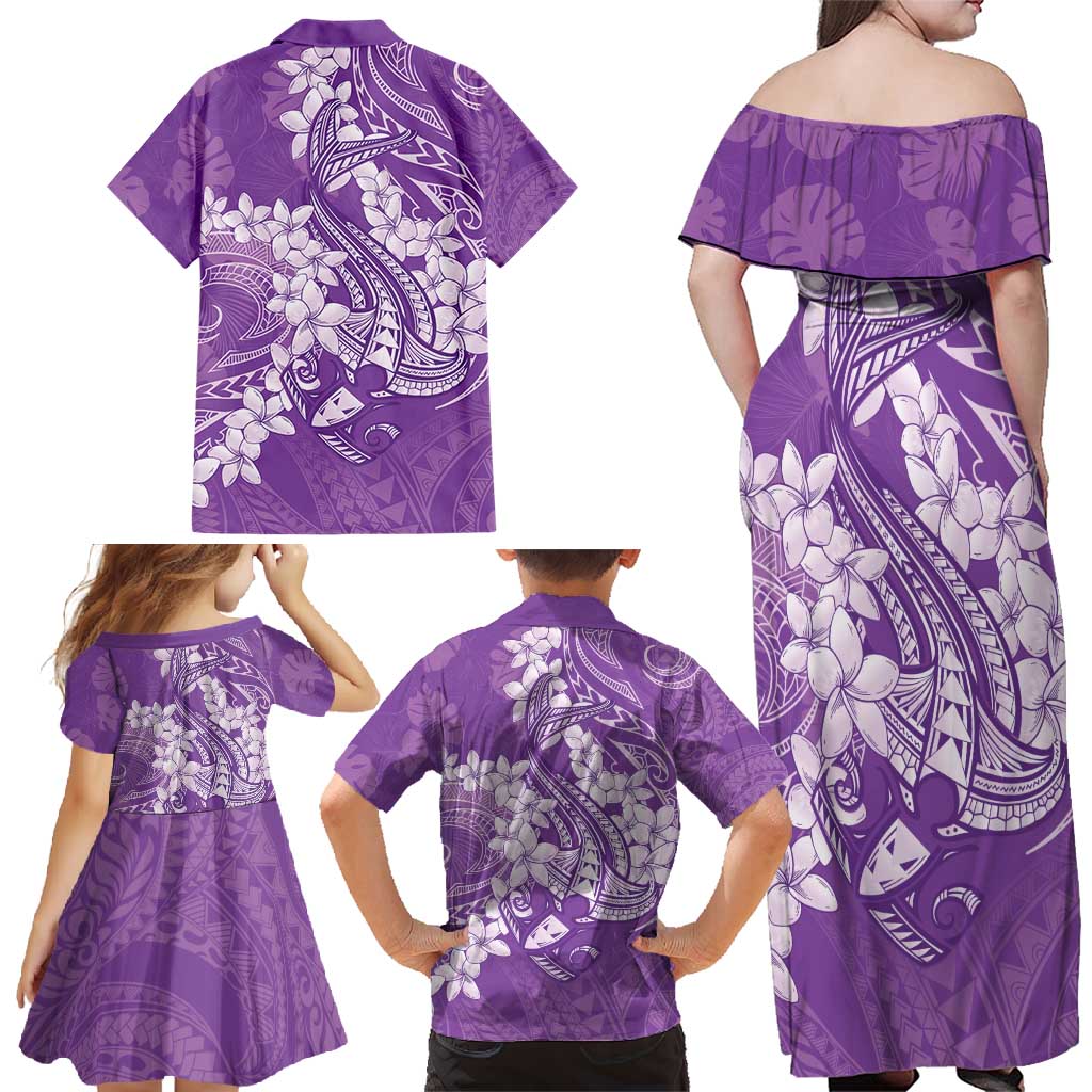 Purple Polynesia Hammerhead Shark Tattoo With Plumeria Lei Family Matching Off Shoulder Maxi Dress and Hawaiian Shirt LT14 - Polynesian Pride