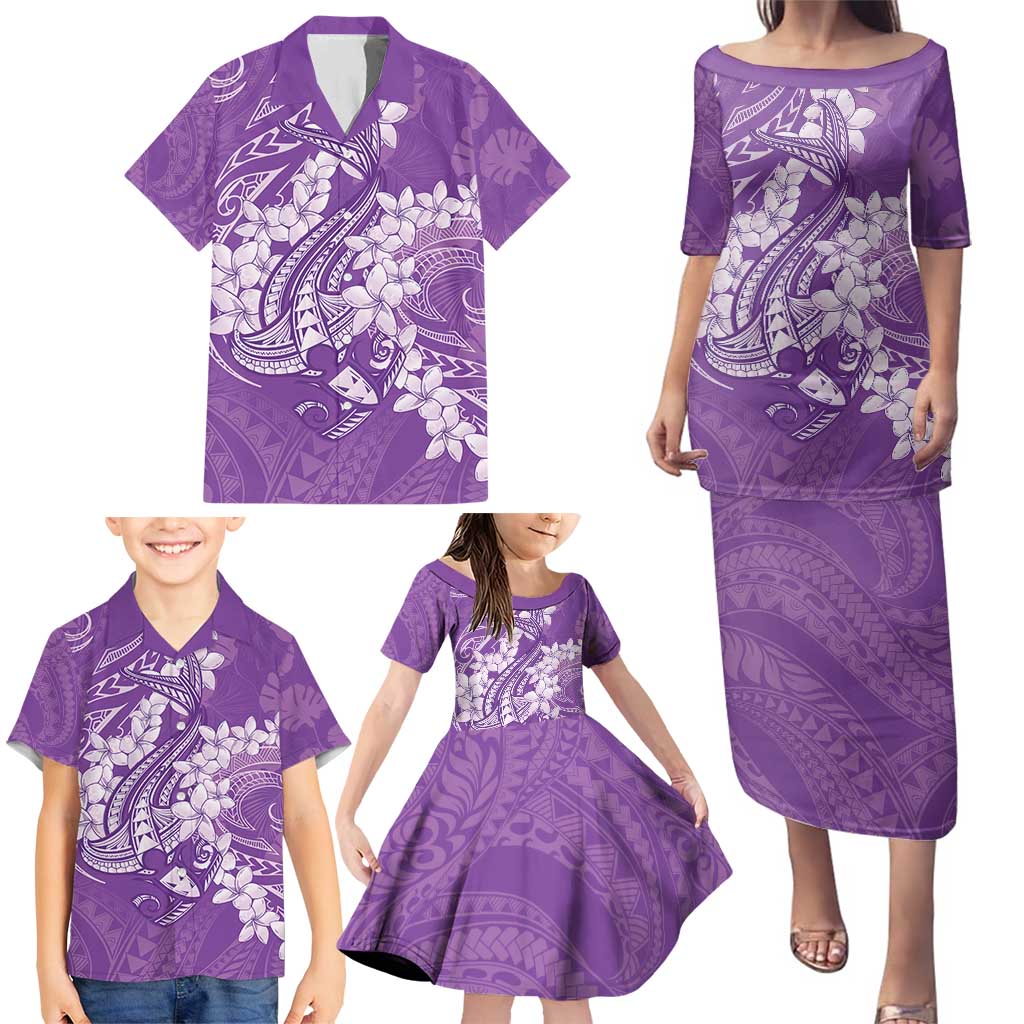 Purple Polynesia Hammerhead Shark Tattoo With Plumeria Lei Family Matching Puletasi and Hawaiian Shirt LT14 - Polynesian Pride