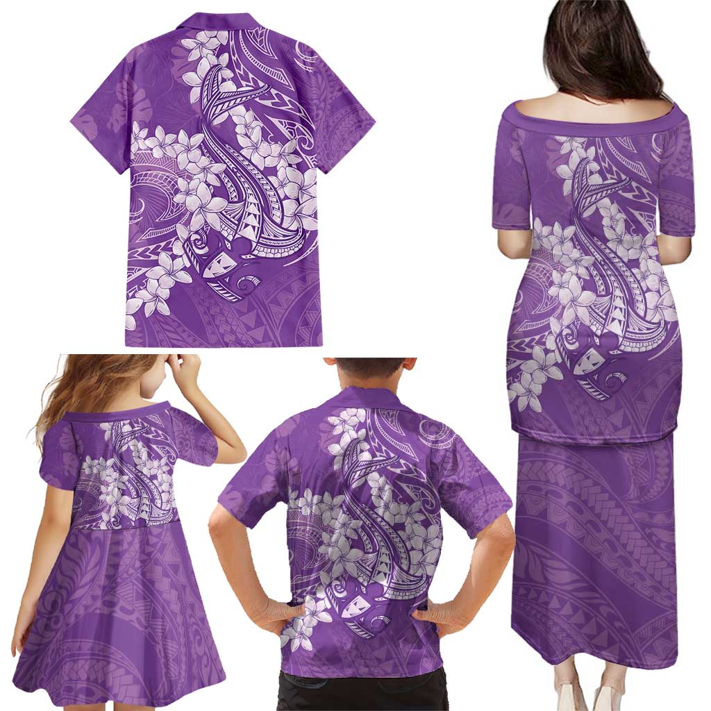 Purple Polynesia Hammerhead Shark Tattoo With Plumeria Lei Family Matching Puletasi and Hawaiian Shirt LT14 - Polynesian Pride