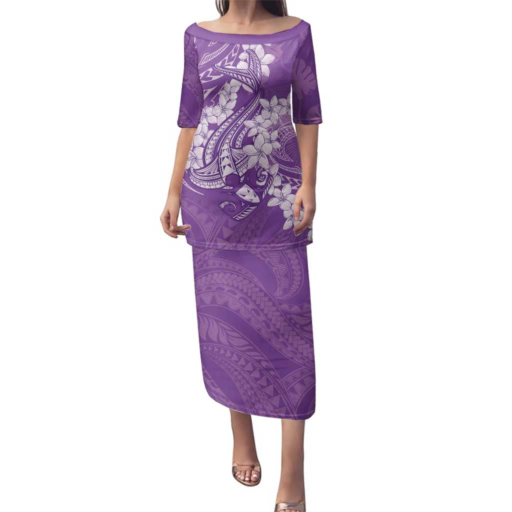Purple Polynesia Hammerhead Shark Tattoo With Plumeria Lei Family Matching Puletasi and Hawaiian Shirt LT14 Mom's Dress Purple - Polynesian Pride