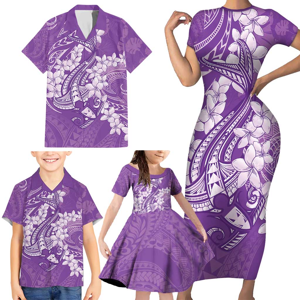 Purple Polynesia Hammerhead Shark Tattoo With Plumeria Lei Family Matching Short Sleeve Bodycon Dress and Hawaiian Shirt LT14 - Polynesian Pride