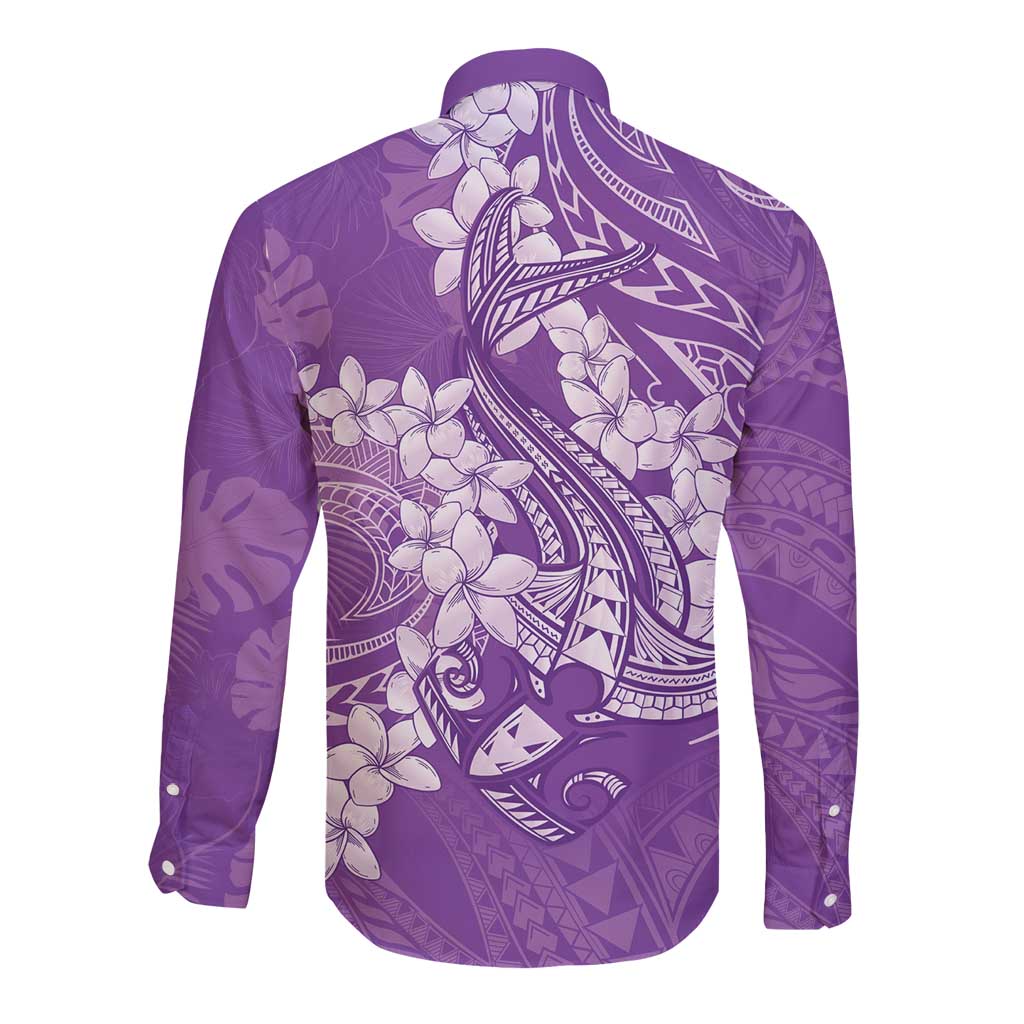 Purple Polynesia Hammerhead Shark Tattoo With Plumeria Lei Long Sleeve Button Shirt
