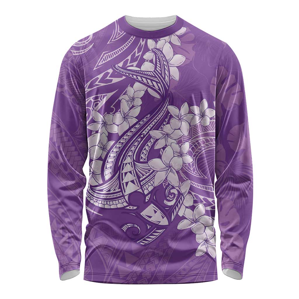Purple Polynesia Hammerhead Shark Tattoo With Plumeria Lei Long Sleeve Shirt