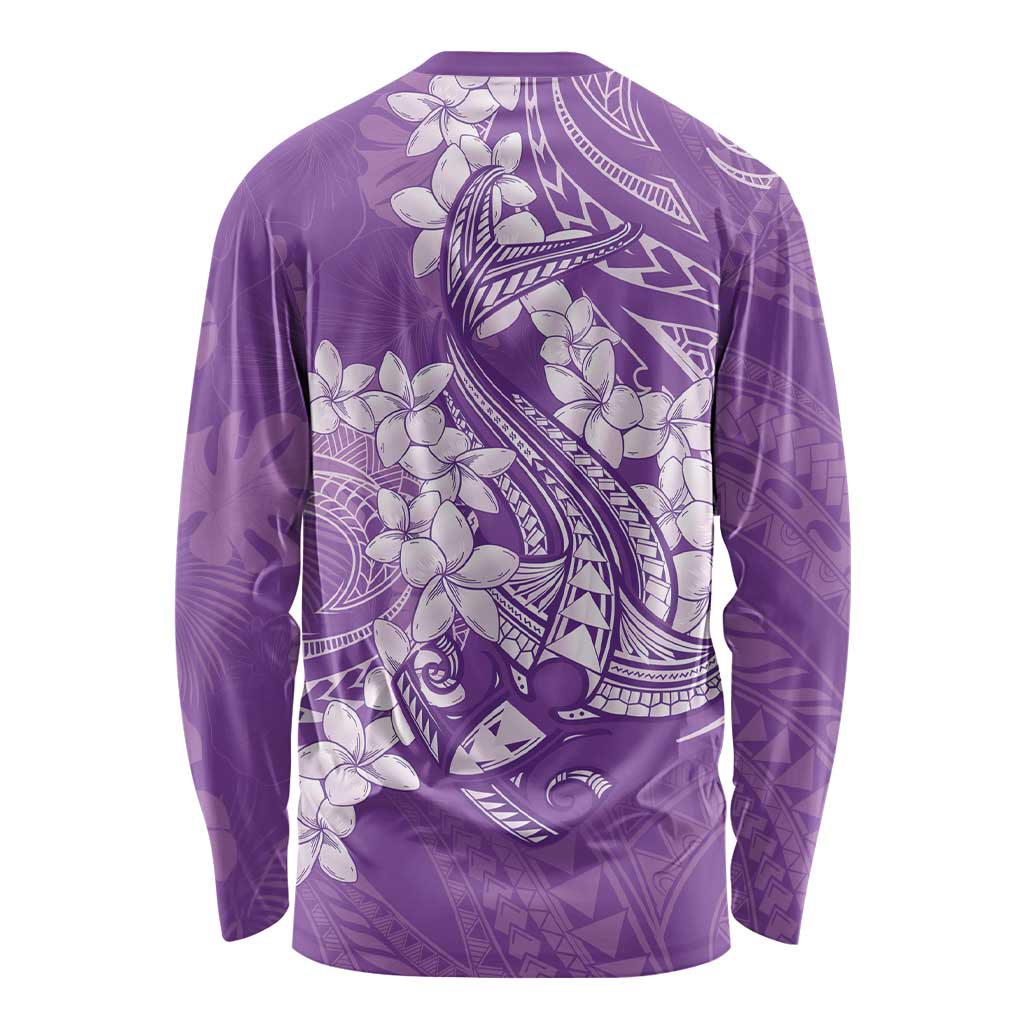 Purple Polynesia Hammerhead Shark Tattoo With Plumeria Lei Long Sleeve Shirt