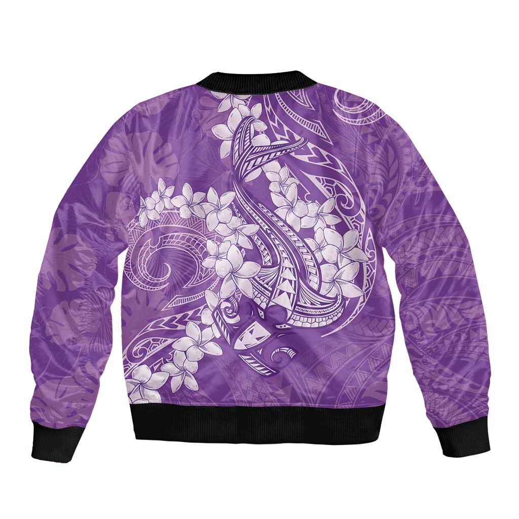 Purple Polynesia Hammerhead Shark Tattoo With Plumeria Lei Sleeve Zip Bomber Jacket LT14 - Polynesian Pride