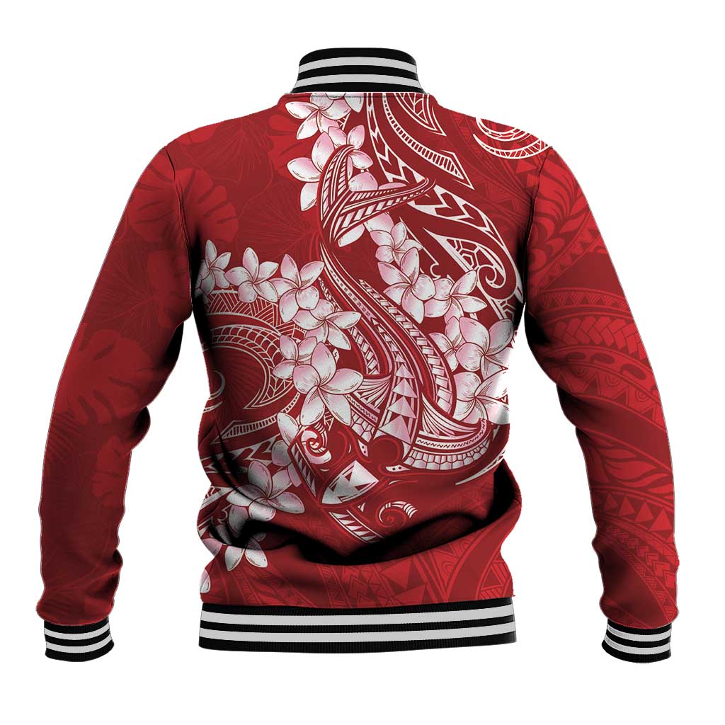 Red Polynesia Hammerhead Shark Tattoo With Plumeria Lei Baseball Jacket