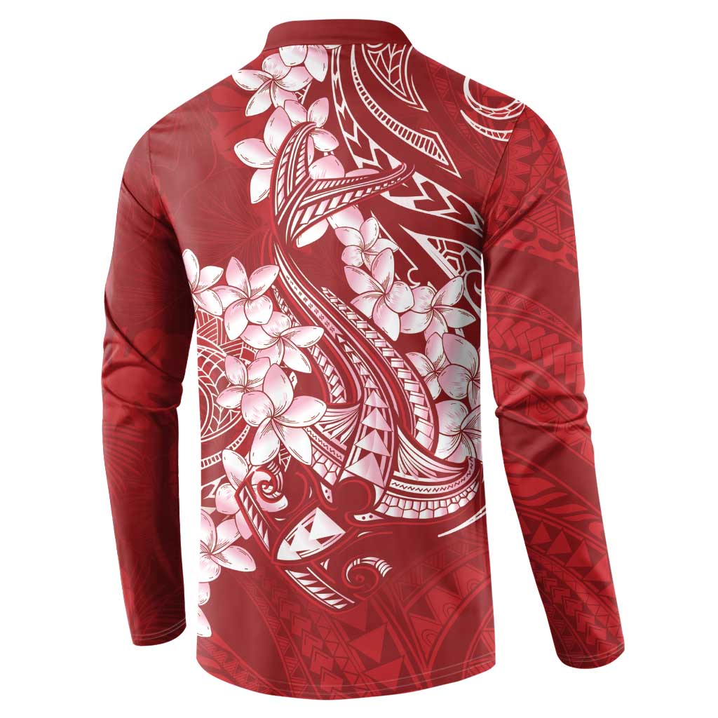 Red Polynesia Hammerhead Shark Tattoo With Plumeria Lei Button Sweatshirt LT14 - Polynesian Pride