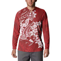 Red Polynesia Hammerhead Shark Tattoo With Plumeria Lei Button Sweatshirt LT14 - Polynesian Pride