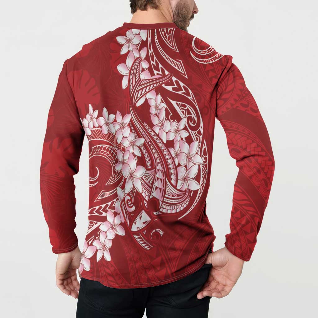 Red Polynesia Hammerhead Shark Tattoo With Plumeria Lei Button Sweatshirt LT14 - Polynesian Pride
