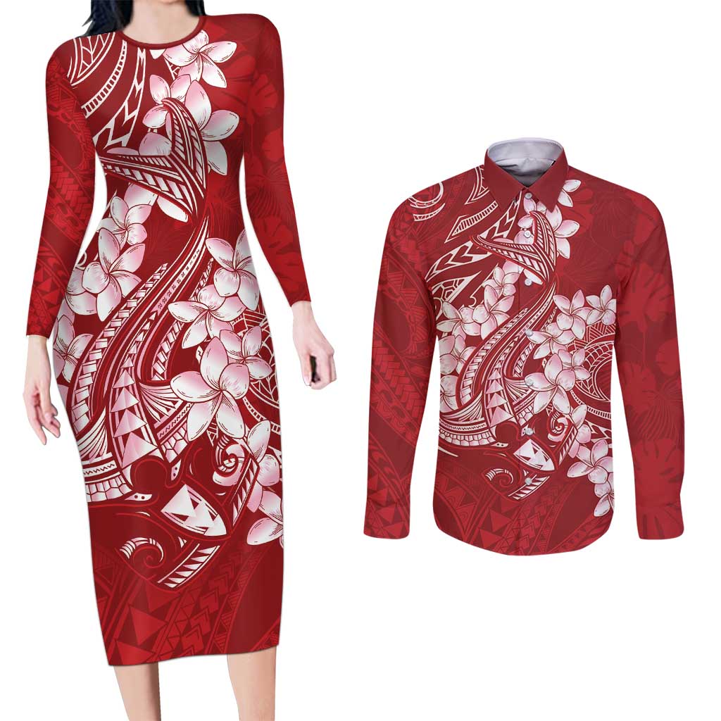 Red Polynesia Hammerhead Shark Tattoo With Plumeria Lei Couples Matching Long Sleeve Bodycon Dress and Long Sleeve Button Shirt