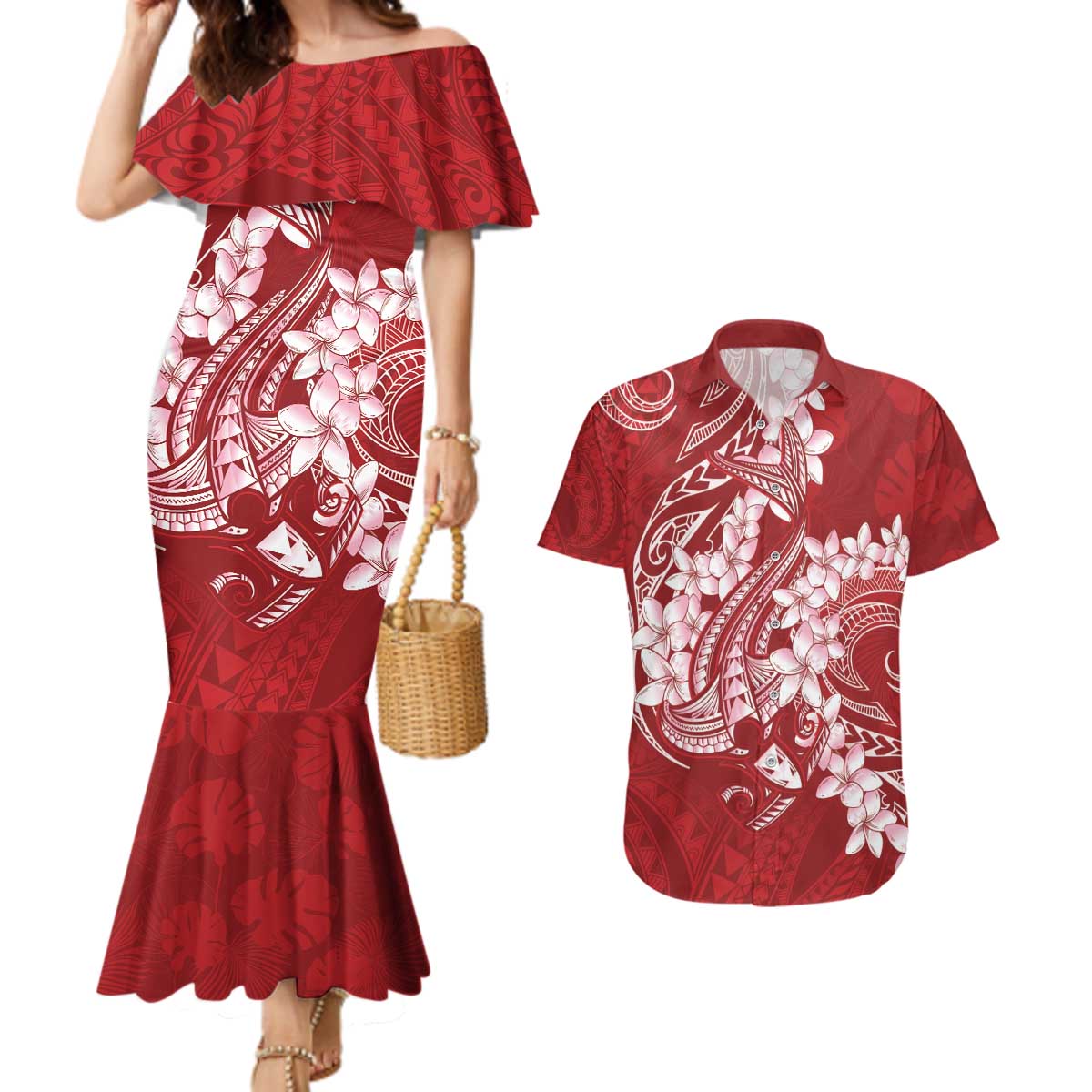 Red Polynesia Hammerhead Shark Tattoo With Plumeria Lei Couples Matching Mermaid Dress and Hawaiian Shirt