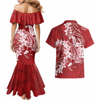 Red Polynesia Hammerhead Shark Tattoo With Plumeria Lei Couples Matching Mermaid Dress and Hawaiian Shirt LT14 - Polynesian Pride