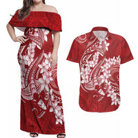 Red Polynesia Hammerhead Shark Tattoo With Plumeria Lei Couples Matching Off Shoulder Maxi Dress and Hawaiian Shirt LT14 Red - Polynesian Pride