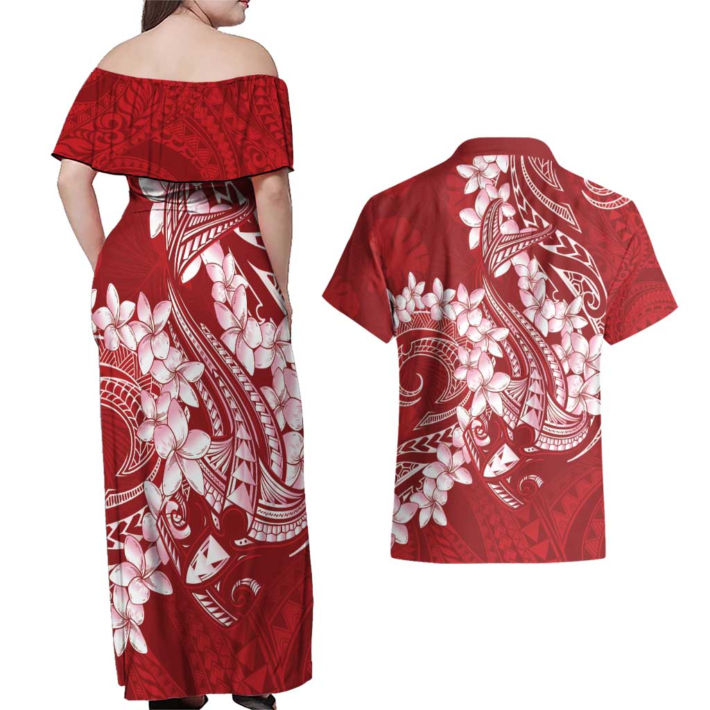Red Polynesia Hammerhead Shark Tattoo With Plumeria Lei Couples Matching Off Shoulder Maxi Dress and Hawaiian Shirt LT14 - Polynesian Pride