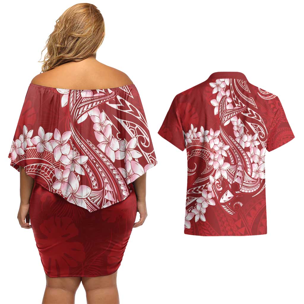 Red Polynesia Hammerhead Shark Tattoo With Plumeria Lei Couples Matching Off Shoulder Short Dress and Hawaiian Shirt LT14 - Polynesian Pride