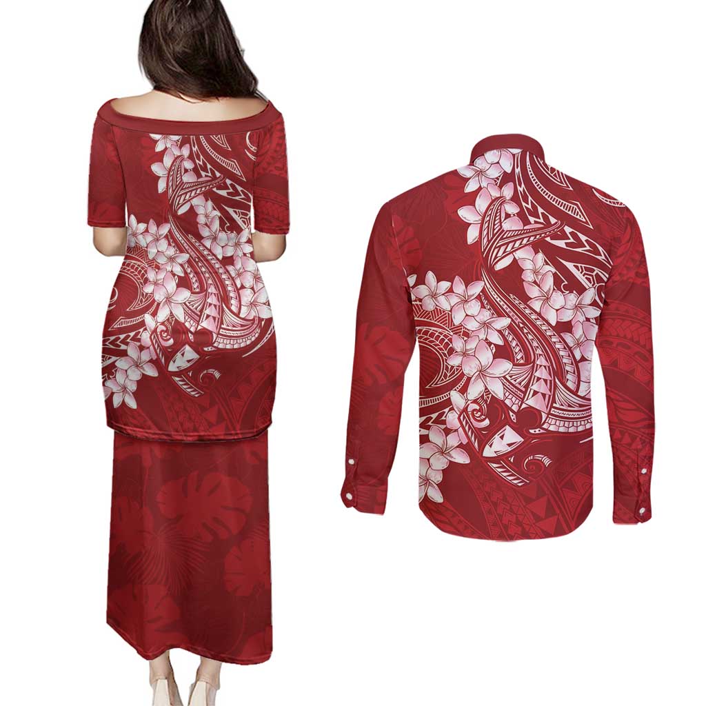 Red Polynesia Hammerhead Shark Tattoo With Plumeria Lei Couples Matching Puletasi and Long Sleeve Button Shirt