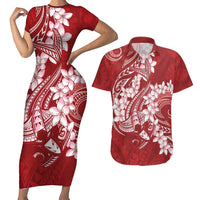 Red Polynesia Hammerhead Shark Tattoo With Plumeria Lei Couples Matching Short Sleeve Bodycon Dress and Hawaiian Shirt LT14 Red - Polynesian Pride