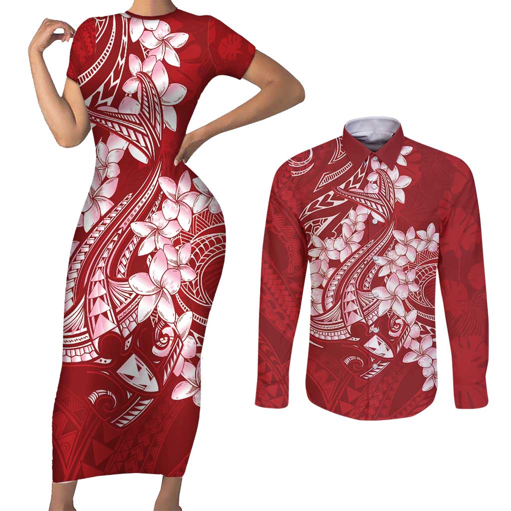 Red Polynesia Hammerhead Shark Tattoo With Plumeria Lei Couples Matching Short Sleeve Bodycon Dress and Long Sleeve Button Shirt LT14 Red - Polynesian Pride