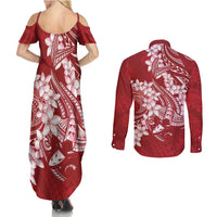 Red Polynesia Hammerhead Shark Tattoo With Plumeria Lei Couples Matching Summer Maxi Dress and Long Sleeve Button Shirt