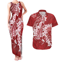 Red Polynesia Hammerhead Shark Tattoo With Plumeria Lei Couples Matching Tank Maxi Dress and Hawaiian Shirt LT14 Red - Polynesian Pride