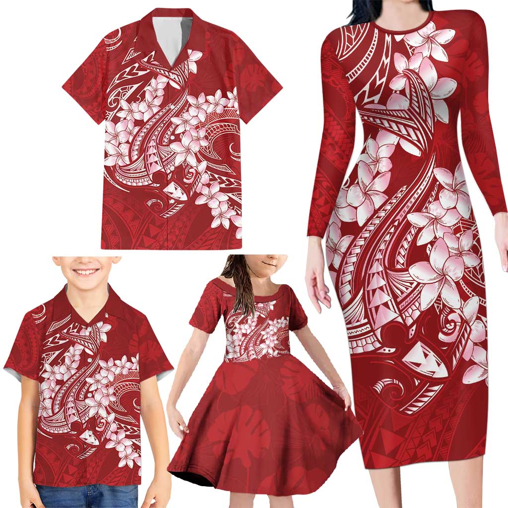Red Polynesia Hammerhead Shark Tattoo With Plumeria Lei Family Matching Long Sleeve Bodycon Dress and Hawaiian Shirt LT14 - Polynesian Pride