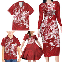 Red Polynesia Hammerhead Shark Tattoo With Plumeria Lei Family Matching Long Sleeve Bodycon Dress and Hawaiian Shirt LT14 - Polynesian Pride