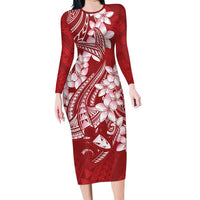 Red Polynesia Hammerhead Shark Tattoo With Plumeria Lei Family Matching Long Sleeve Bodycon Dress and Hawaiian Shirt LT14 Mom's Dress Red - Polynesian Pride