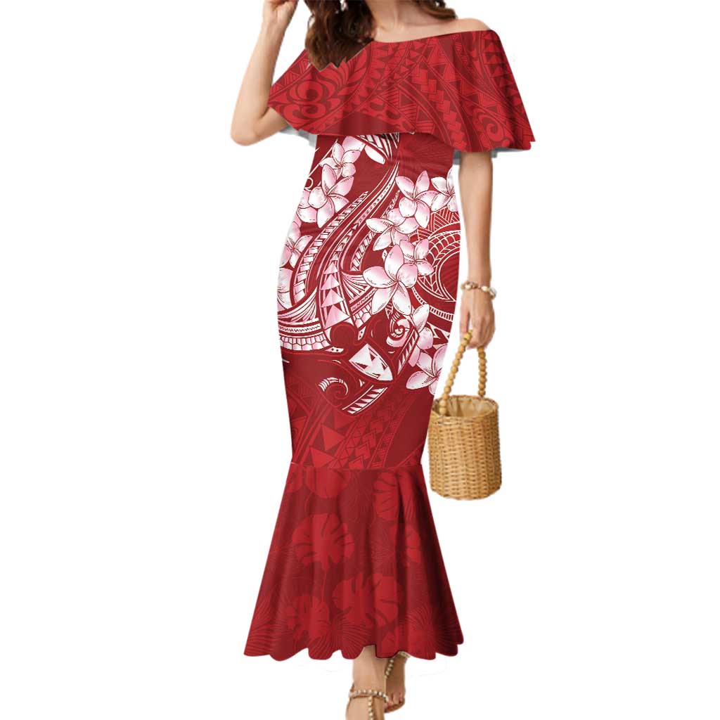 Red Polynesia Hammerhead Shark Tattoo With Plumeria Lei Family Matching Mermaid Dress and Hawaiian Shirt LT14 Mom's Dress Red - Polynesian Pride