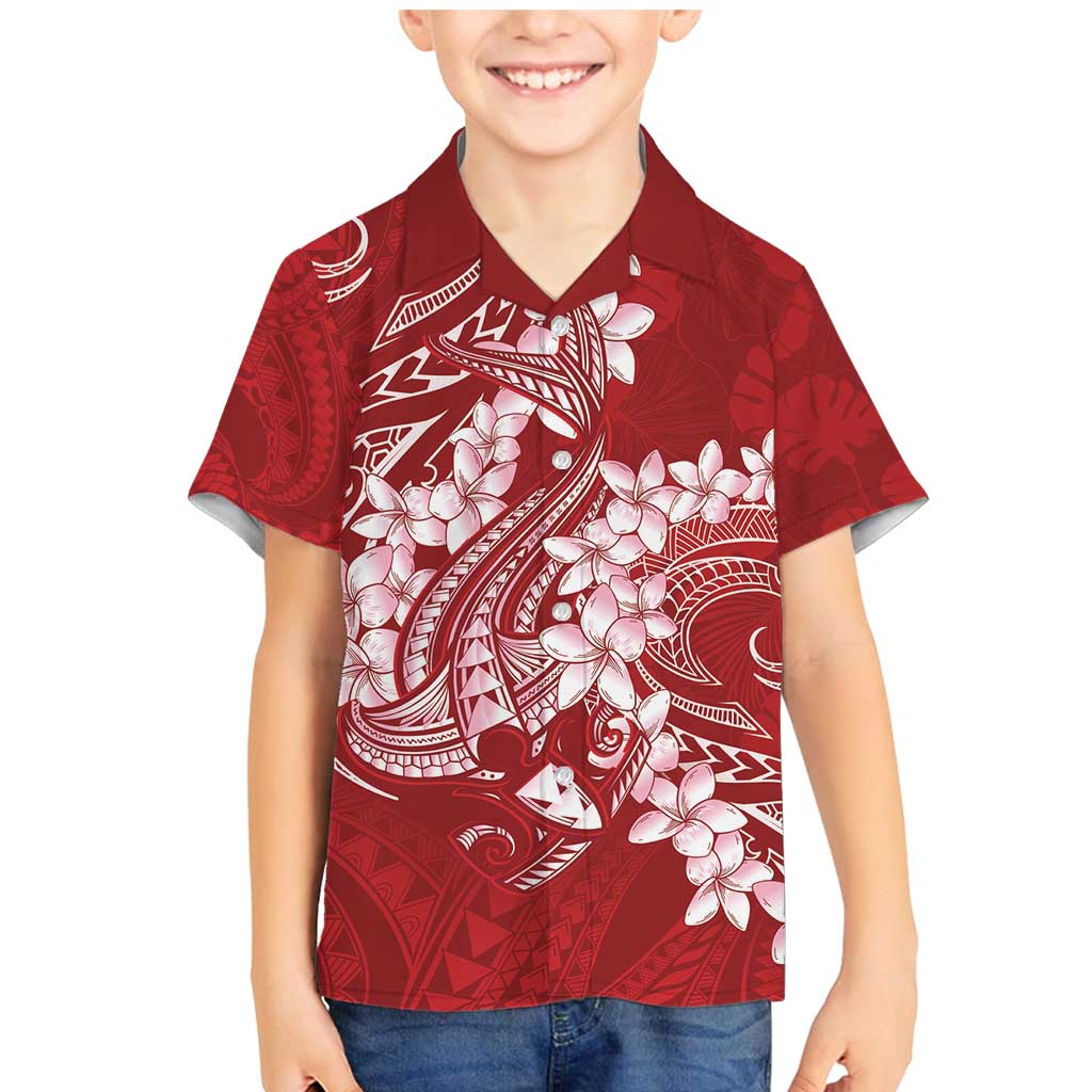 Red Polynesia Hammerhead Shark Tattoo With Plumeria Lei Family Matching Mermaid Dress and Hawaiian Shirt LT14 Son's Shirt Red - Polynesian Pride
